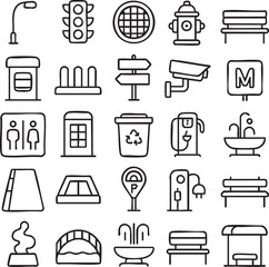 A collection of black and white line art icons representing various urban city elements and public infrastructure.