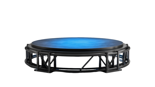 Rotating stage with blue lighting a modern performance platform