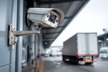Surveillance camera on brick wall monitoring industrial area with red truck and pallets in background during golden hour light.