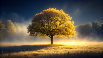Photo of a single tree stands majestically in a field of golden grass, bathed in the warm glow of the rising sun and shrouded in a gentle mist