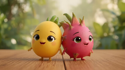 Two cheerful, animated fruits with delightful expressions stand in harmony, symbolizing friendship and the sweetness of life.