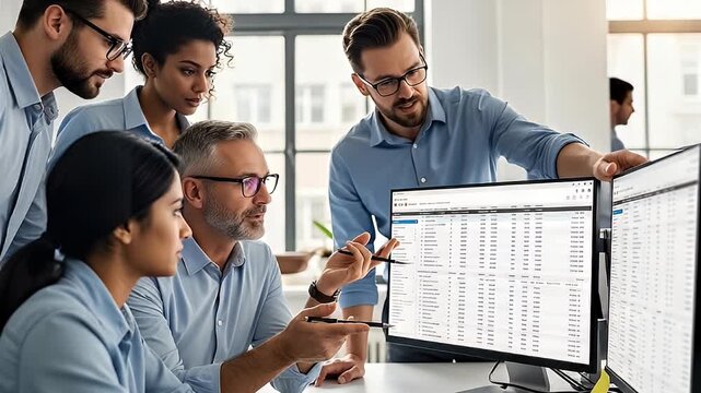 Diverse team analyzing data spreadsheet