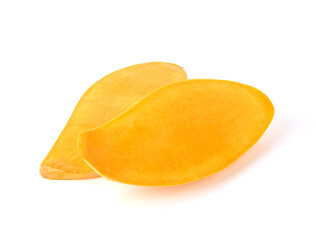 Ripe mangoes cut in half or slice on white background