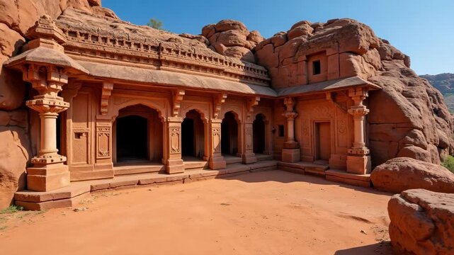 Explore Ancient Wonders Aerial Journey Through Badami Cave Temples Red Sandstone Cliffs Intricate Architecture Under Azure Sky 4k Video