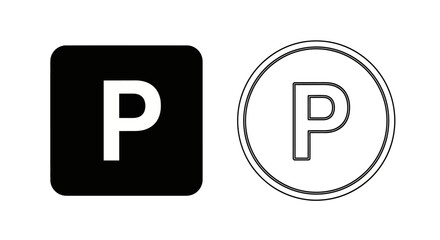 Two parking symbols, one black square and one white circle, showcasing the letter "P".