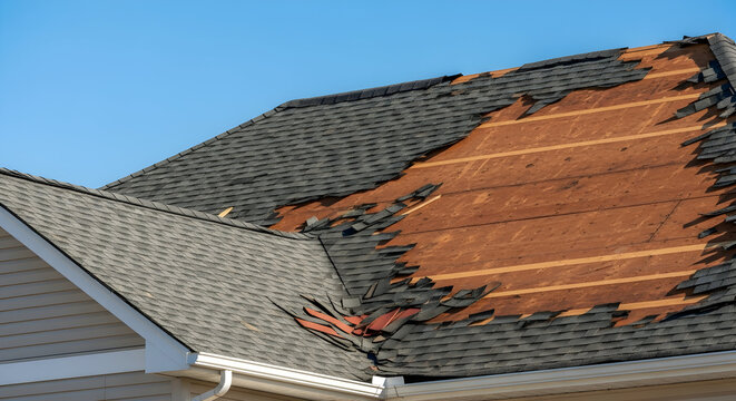 Urgent Home Roof Repair: Severe Storm Damage with Missing Shingles and Exposed Plywood