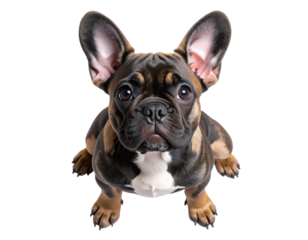  Top View of French Bulldog Sitting on White Floor with Head Tilted Up, Transparent PNG