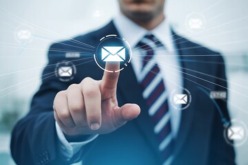 Businessman touching digital envelope interface suit finger