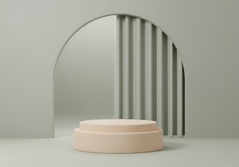 Minimalist Green Podium with Arch and Curtain Shadows
