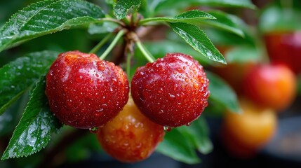 Fresh Cherries on Branch with Water Drops - Macro Shot