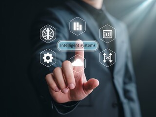 Businessman touching intelligent systems interface with digital icons image