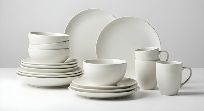 White ceramic dinnerware set isolated on white background.
