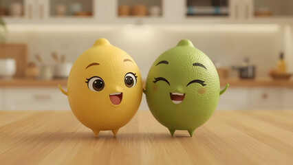 Two animated citrus fruits stand joyfully together, radiating friendship and delight. Captured in a brightly lit kitchen environment.