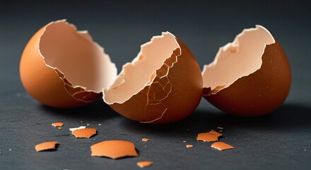 broken egg shell on white, Three broken brown eggshells on gray surface. Cracked shells evoke fragility, waste. New beginnings, the cycle of life, concept impermanence is visualized with egg fragments