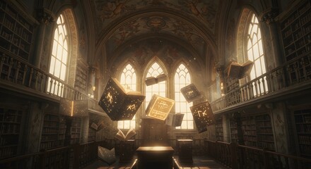 A grand library interior with tall windows and ornate ceiling, featuring several books floating in the air, bathed in warm sunlight.