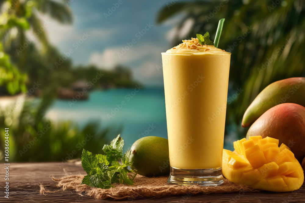 Poster a glass of smoothie with a straw and a slice of mango on a table