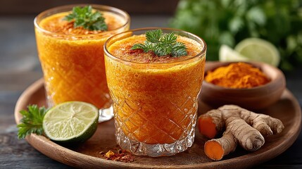 Fototapeta premium Bright Turmeric Smoothie with Lime and Cilantro