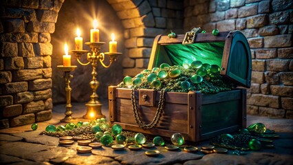 A treasure chest filled with gold and gems sits in a stone vault