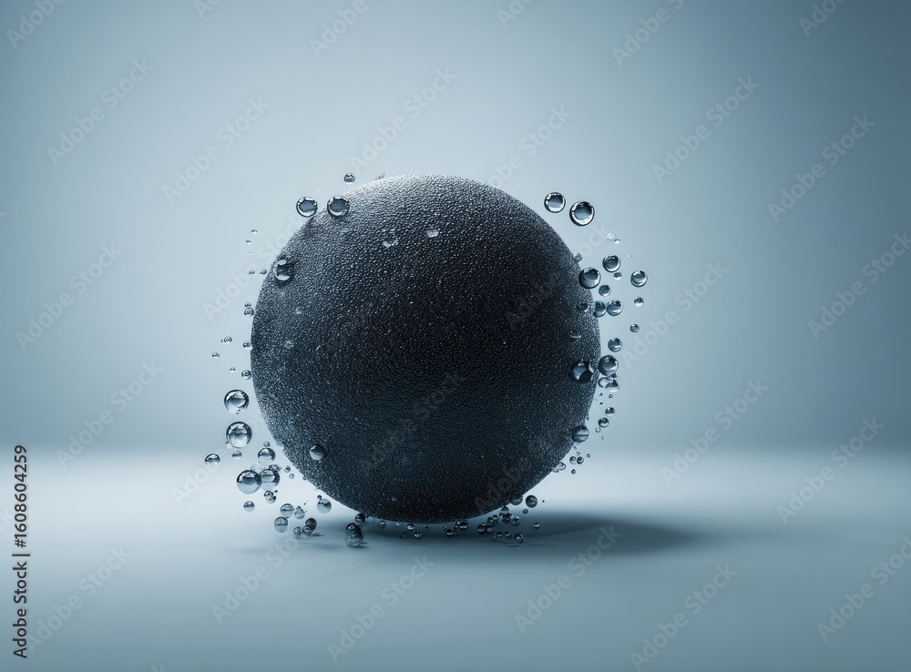Poster abstract sphere with surrounding water droplets. 3d rendering