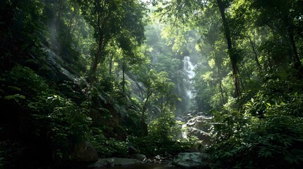 Fototapeta premium A dense tropical rainforest with sunlight filtering through green leaves