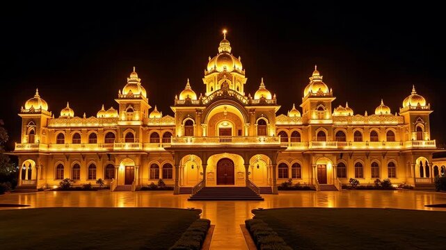Stunning Aerial View of Mysore Palace at Night: Vibrant Lights Illuminate Glowing Domes Under a Dark Karnataka Sky, a Mesmerizing 4k Video