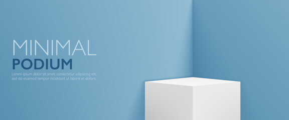 Minimal 3D realistic white square podium stand pedestal and blue color scene geometric shape interior background. Mockup, product display showcase, promotional sale banner or modern design