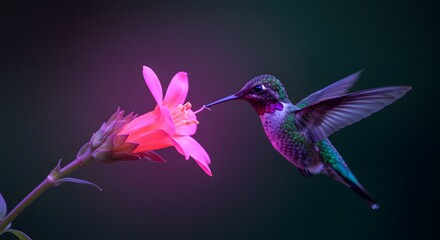 Fototapeta premium A vibrant hummingbird delicately sips nectar from a pink flower, wings spread.