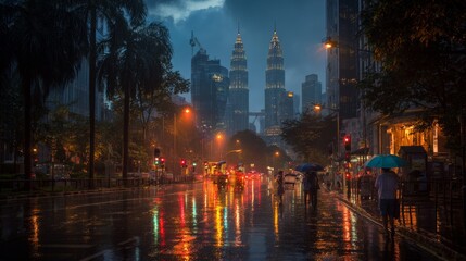a wet and raining day in Kuala Lumpur city featuring KLCC and tall buildings.
