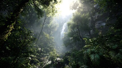 A dense tropical rainforest with sunlight filtering.