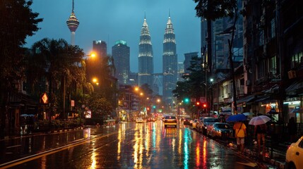 a wet and raining day in Kuala Lumpur city featuring KLCC and tall buildings.