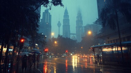 a wet and raining day in Kuala Lumpur city featuring KLCC and tall buildings.