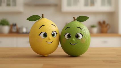 Two cheerful citrus characters, a sunny lemon and a vibrant lime, stand side-by-side, with bright expressions of joy and camaraderie, set against a simple kitchen backdrop.