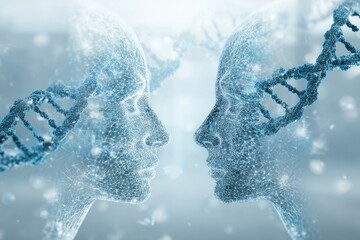 Two faces, DNA strands intertwining in a light blue background