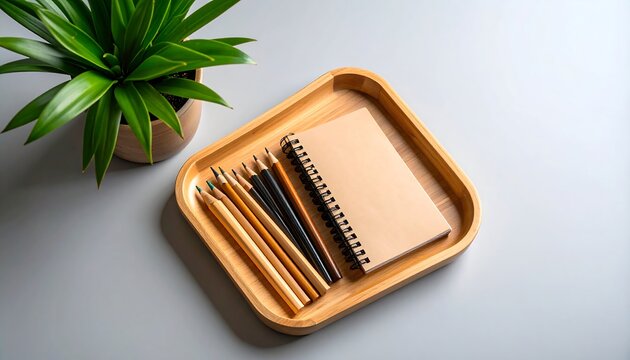 A wooden tray holds a notebook and colored pencils, next to a potted plant