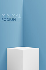 Minimal 3D realistic white square podium stand pedestal and blue color scene geometric shape interior background. Mockup, product display showcase, promotional sale banner or modern design