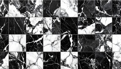 Seamless black and white checker or chess board marble tile background texture. Kitchen or bathroom natural stone wall.