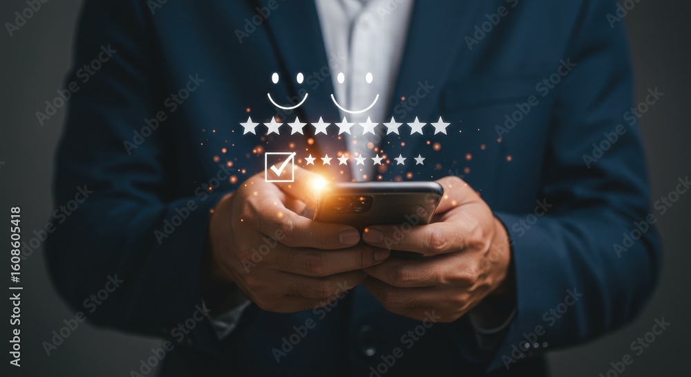 Poster businessman holding smartphone with five-star rating and checkmark. professional feedback system wit