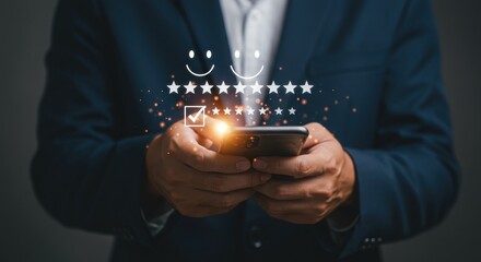 Businessman holding smartphone with five-star rating and checkmark. Professional feedback system with digital approval. Modern office interaction with rating interface.