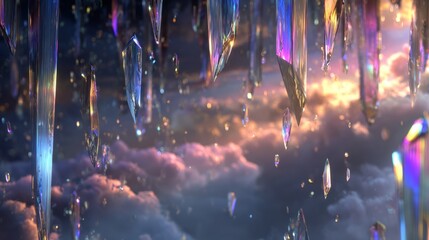Crystal shards is raining downward from the sky, shimmering with rainbow glimmers