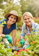 Two smiling women gardening together outdoors in a sunny garden