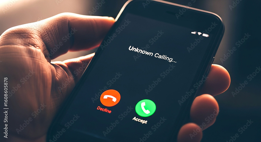 Poster hand holding a smartphone displaying an unknown caller id with decline and accept buttons on the scr