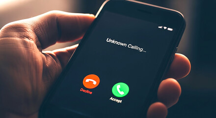 Hand holding a smartphone displaying an unknown caller id with decline and accept buttons on the screen
