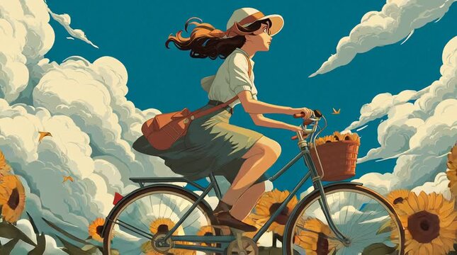 A girl riding a bicycle through a sunflower field, blue sky above, wind in her hair, nostalgic summer feeling