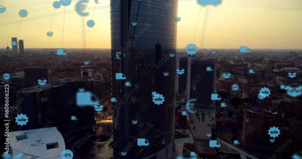 Aufkleber drone orbiting skyscraper initiating blue icons fading, connecting pulsing visualizing supply chain