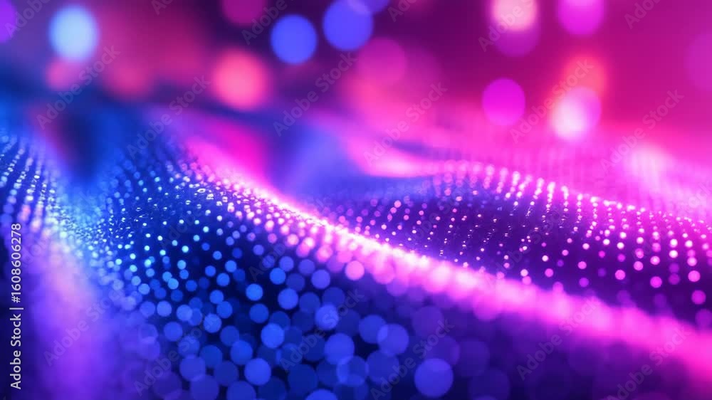 Poster dynamic abstract digital landscape with vibrant neon light dots and flowing wave patterns