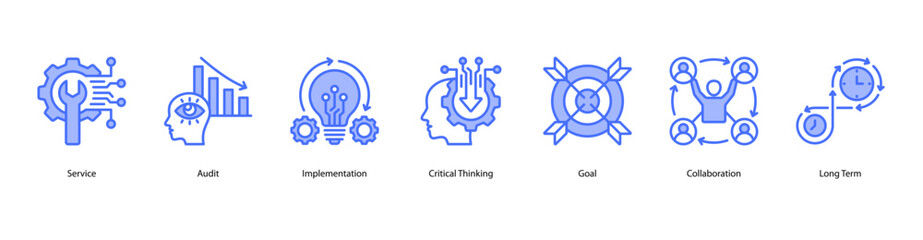 Obraz premium Execution and Collaboration web banner icon vector illustration including Service, Audit, Implementation, Critical Thinking, Goal, Collaboration, and Long Term.