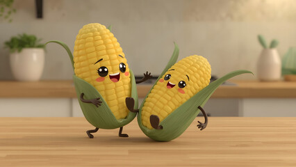 Two cheerful corns on the cob characters are celebrating in a joyful, lighthearted scene, evoking a sense of fun. 