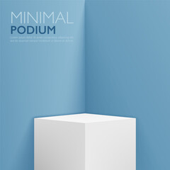 Minimal 3D realistic white square podium stand pedestal and blue color scene geometric shape interior background. Mockup, product display showcase, promotional sale banner or modern design