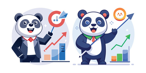 Confident Panda Leader Pointing at Rising Sales Graph – Business Growth Vector Illustration for Corporate Success, Marketing Presentations, Sales Reports, and Office Wall Art