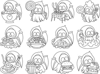 Illustration of cute skull ghost icon.
Funny skull ghost in activities stickers.
Angel of death cute elements.